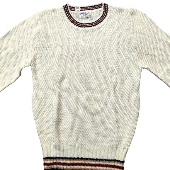 Vintage Cream Textured LS Knit Sweater w/stripe trim collar, sleeves, waist - Picture 2 of 6